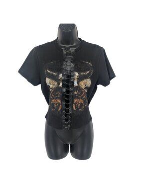 Gothic Chain Lace Up Crop Top Skull Roses Graphic Y2K Punk Festival Rave Size M